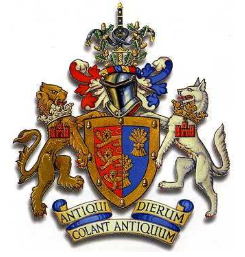 An ornate coat of arms featuring a shield with a blue and red design, flanked by a lion and a wolf.